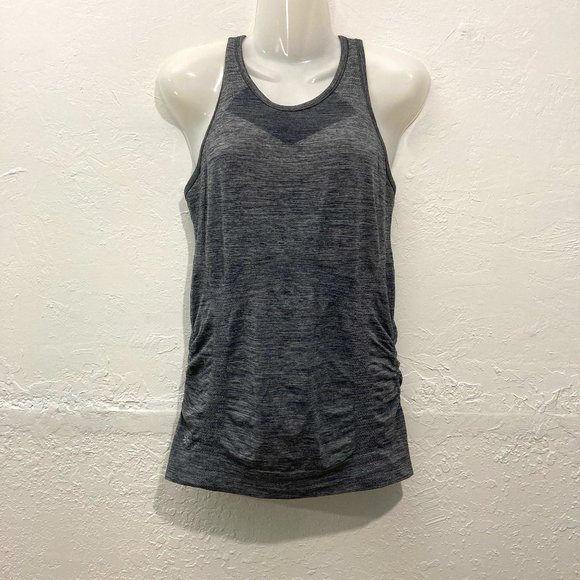 Athleta Finish Fast Racerback Tank Top Heather Gray Ruched sides Logo Athletic M - Picture 1 of 10